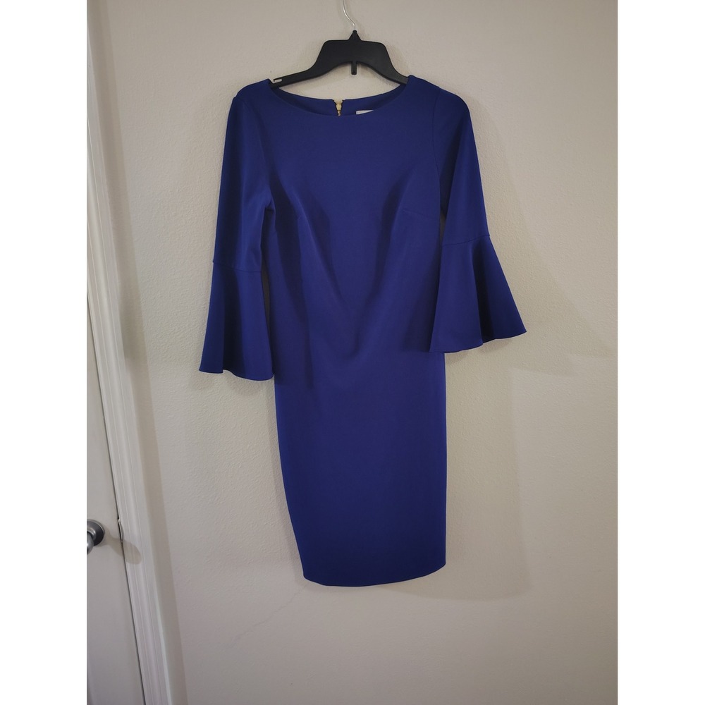 Calvin Klein Royal Blue Bell Sleeve Sheath Dress Size 4 Gold Back Zip CD7C114Y